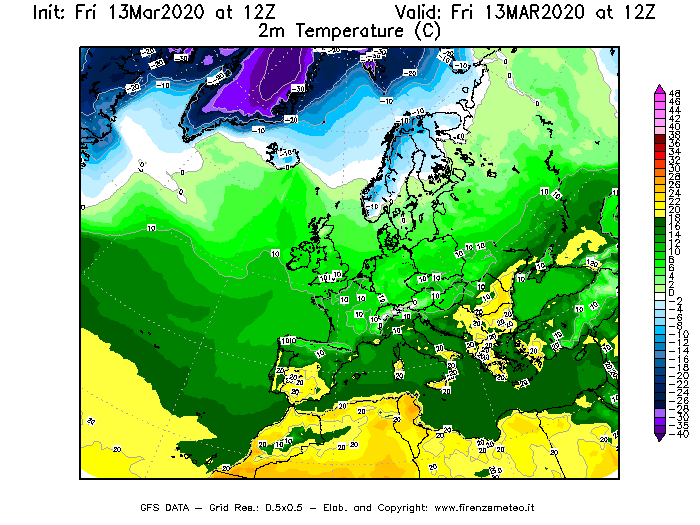 Mappa di analisi GFS - Temperatura a 2 metri dal suolo [°C] in Europa
							del 13/03/2020 12 <!--googleoff: index-->UTC<!--googleon: index-->