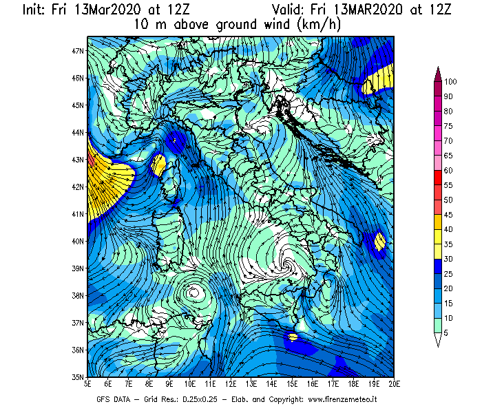 Mappa di analisi GFS - Velocità del vento a 10 metri dal suolo [km/h] in Italia
							del 13/03/2020 12 <!--googleoff: index-->UTC<!--googleon: index-->