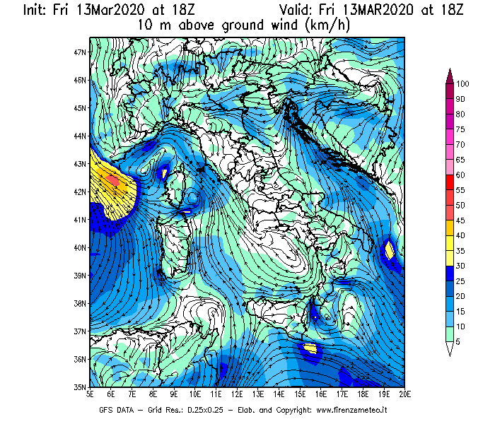 Mappa di analisi GFS - Velocità del vento a 10 metri dal suolo [km/h] in Italia
							del 13/03/2020 18 <!--googleoff: index-->UTC<!--googleon: index-->