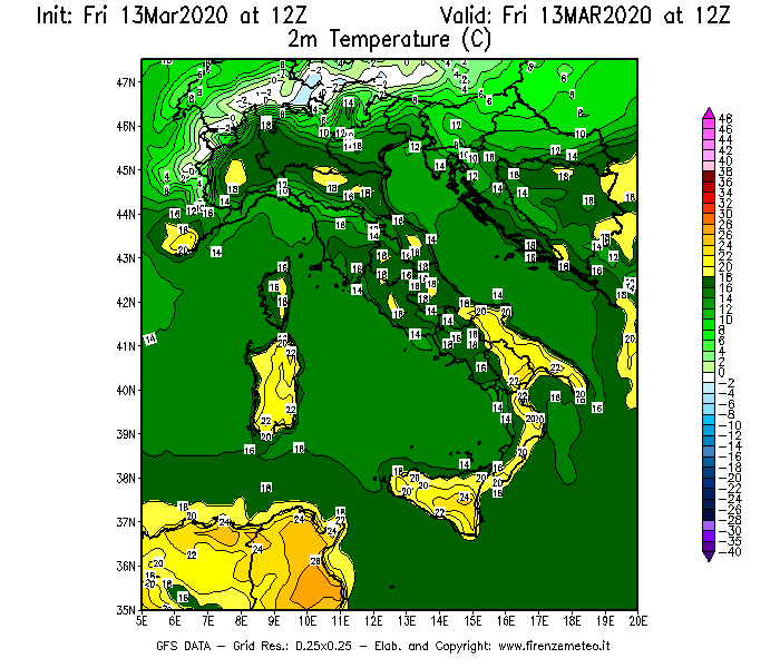Mappa di analisi GFS - Temperatura a 2 metri dal suolo [°C] in Italia
							del 13/03/2020 12 <!--googleoff: index-->UTC<!--googleon: index-->