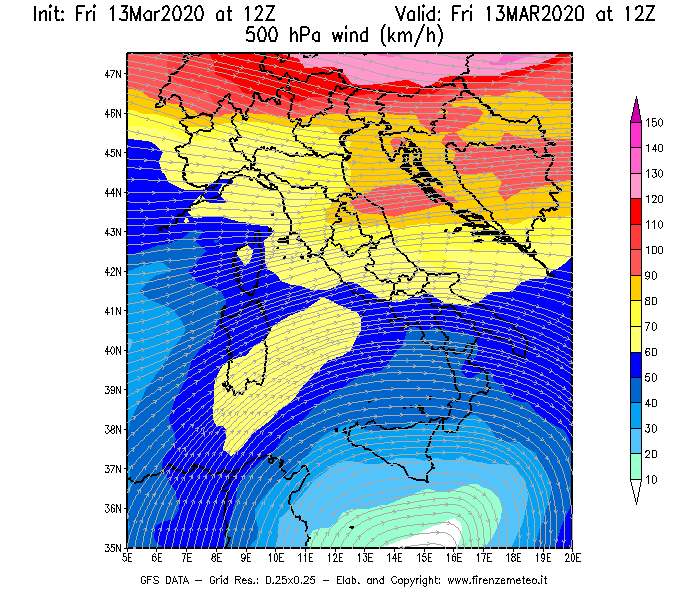 Mappa di analisi GFS - Velocità del vento a 500 hPa [km/h] in Italia
							del 13/03/2020 12 <!--googleoff: index-->UTC<!--googleon: index-->