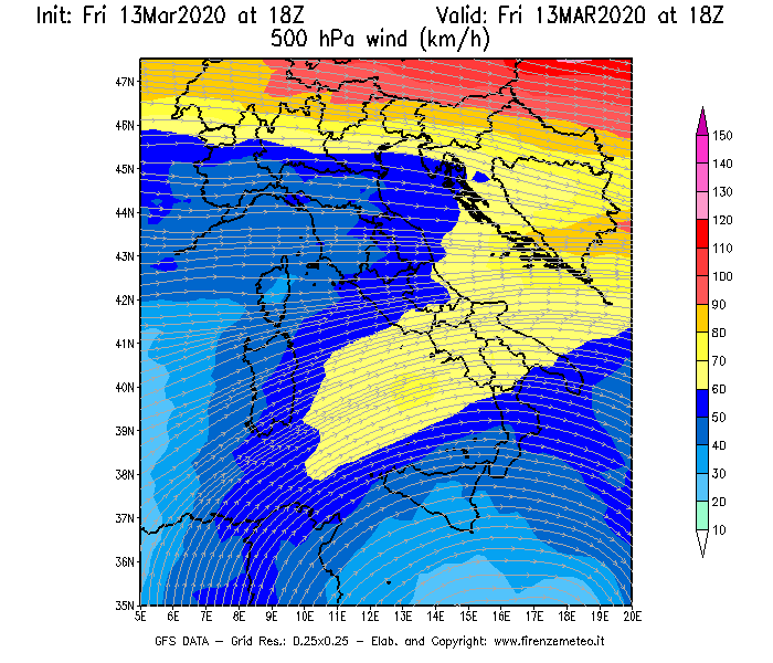 Mappa di analisi GFS - Velocità del vento a 500 hPa [km/h] in Italia
							del 13/03/2020 18 <!--googleoff: index-->UTC<!--googleon: index-->