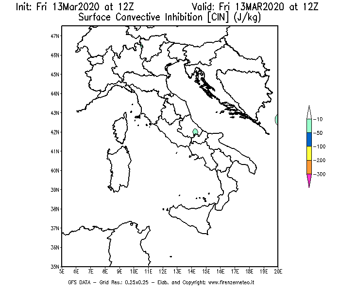 Mappa di analisi GFS - CIN [J/kg] in Italia
							del 13/03/2020 12 <!--googleoff: index-->UTC<!--googleon: index-->