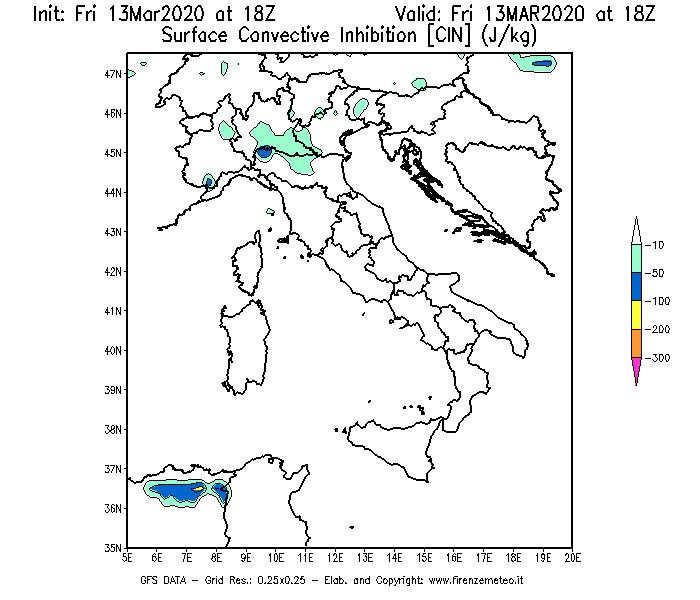 Mappa di analisi GFS - CIN [J/kg] in Italia
							del 13/03/2020 18 <!--googleoff: index-->UTC<!--googleon: index-->