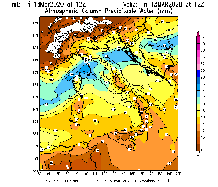 Mappa di analisi GFS - Precipitable Water [mm] in Italia
							del 13/03/2020 12 <!--googleoff: index-->UTC<!--googleon: index-->