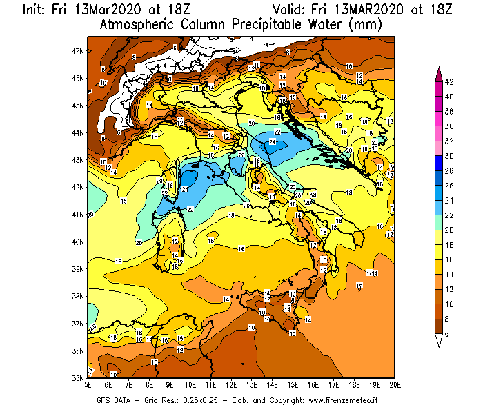 Mappa di analisi GFS - Precipitable Water [mm] in Italia
							del 13/03/2020 18 <!--googleoff: index-->UTC<!--googleon: index-->