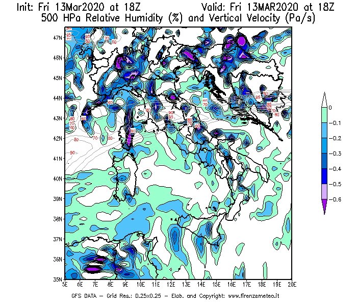 Mappa di analisi GFS - Umidità relativa [%] e Omega [Pa/s] a 500 hPa in Italia
							del 13/03/2020 18 <!--googleoff: index-->UTC<!--googleon: index-->