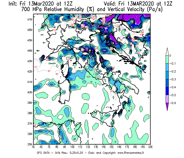 Mappa di analisi GFS - Umidità relativa [%] e Omega [Pa/s] a 700 hPa in Italia
							del 13/03/2020 12 <!--googleoff: index-->UTC<!--googleon: index-->