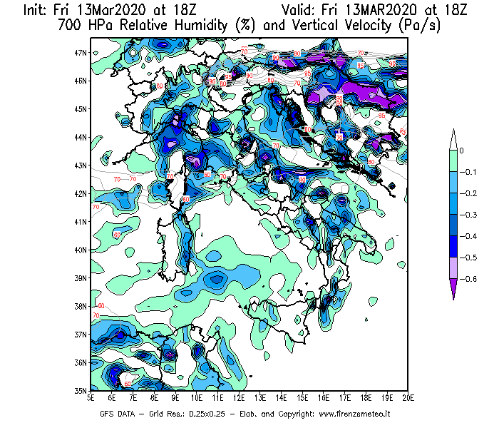 Mappa di analisi GFS - Umidità relativa [%] e Omega [Pa/s] a 700 hPa in Italia
							del 13/03/2020 18 <!--googleoff: index-->UTC<!--googleon: index-->