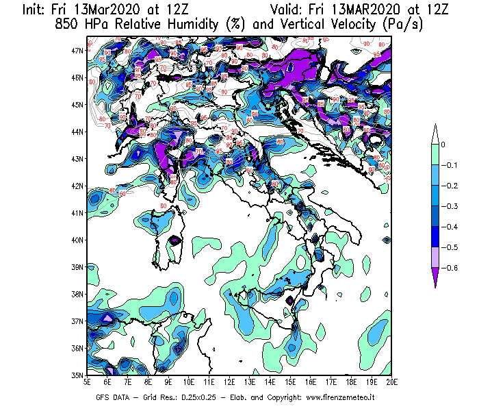 Mappa di analisi GFS - Umidità relativa [%] e Omega [Pa/s] a 850 hPa in Italia
							del 13/03/2020 12 <!--googleoff: index-->UTC<!--googleon: index-->
