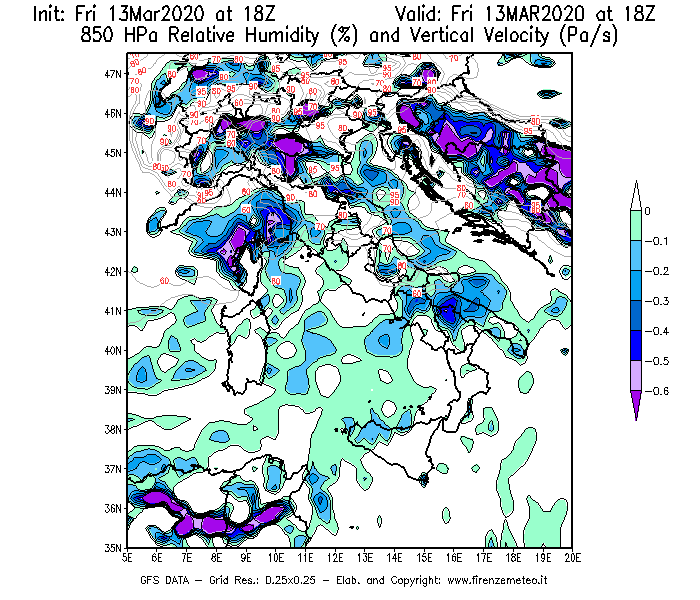 Mappa di analisi GFS - Umidità relativa [%] e Omega [Pa/s] a 850 hPa in Italia
							del 13/03/2020 18 <!--googleoff: index-->UTC<!--googleon: index-->