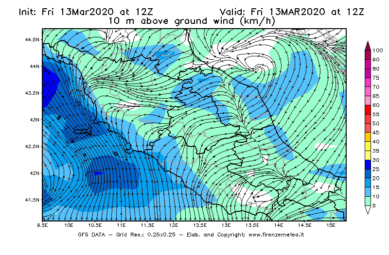 Mappa di analisi GFS - Velocità del vento a 10 metri dal suolo [km/h] in Centro-Italia
							del 13/03/2020 12 <!--googleoff: index-->UTC<!--googleon: index-->