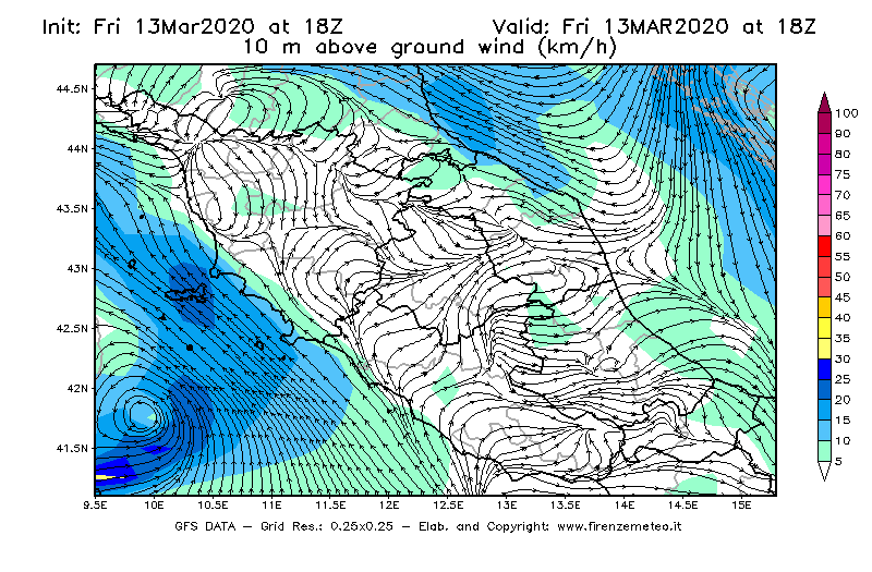 Mappa di analisi GFS - Velocità del vento a 10 metri dal suolo [km/h] in Centro-Italia
							del 13/03/2020 18 <!--googleoff: index-->UTC<!--googleon: index-->