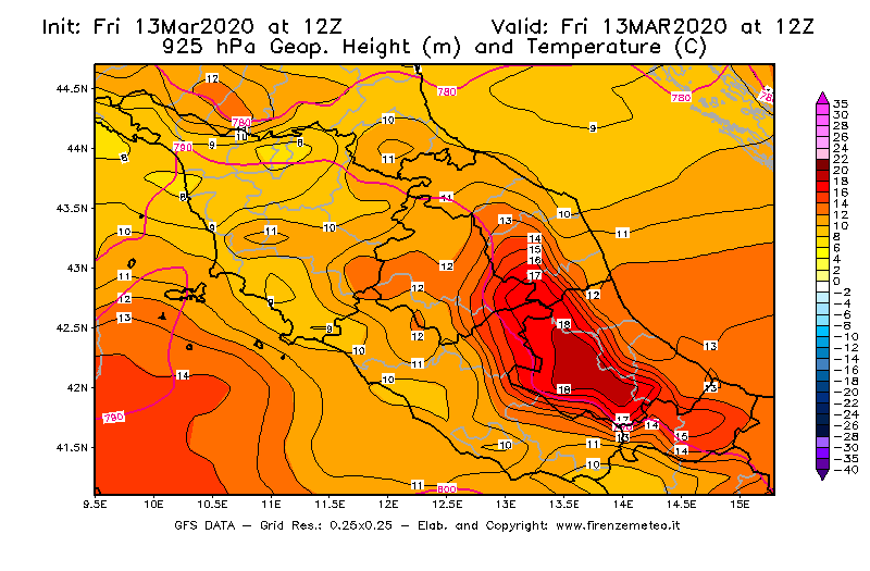 Mappa di analisi GFS - Geopotenziale [m] e Temperatura [°C] a 925 hPa in Centro-Italia
							del 13/03/2020 12 <!--googleoff: index-->UTC<!--googleon: index-->