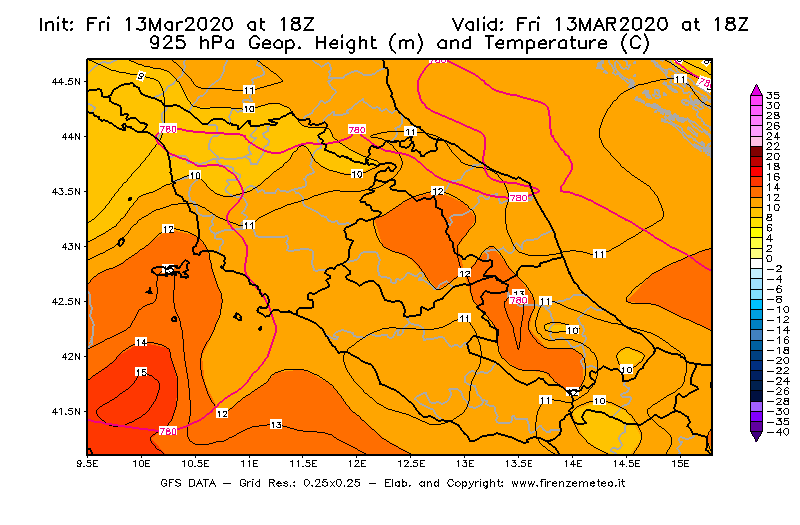 Mappa di analisi GFS - Geopotenziale [m] e Temperatura [°C] a 925 hPa in Centro-Italia
							del 13/03/2020 18 <!--googleoff: index-->UTC<!--googleon: index-->