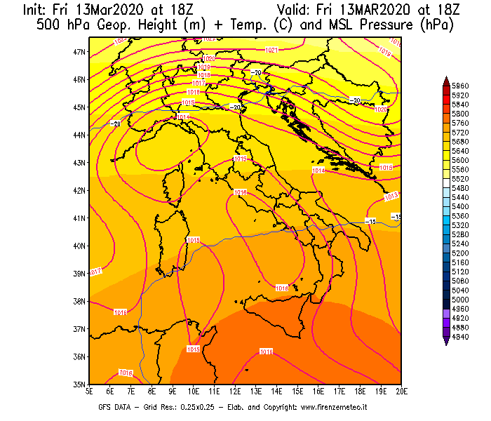 Mappa di analisi GFS - Geopotenziale [m] + Temp. [°C] a 500 hPa + Press. a livello del mare [hPa] in Italia
							del 13/03/2020 18 <!--googleoff: index-->UTC<!--googleon: index-->