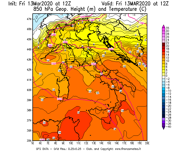 Mappa di analisi GFS - Geopotenziale [m] e Temperatura [°C] a 850 hPa in Italia
							del 13/03/2020 12 <!--googleoff: index-->UTC<!--googleon: index-->