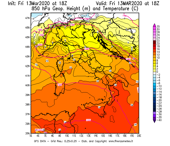 Mappa di analisi GFS - Geopotenziale [m] e Temperatura [°C] a 850 hPa in Italia
							del 13/03/2020 18 <!--googleoff: index-->UTC<!--googleon: index-->