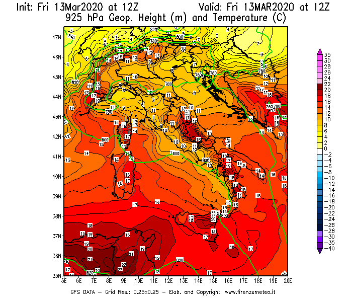Mappa di analisi GFS - Geopotenziale [m] e Temperatura [°C] a 925 hPa in Italia
							del 13/03/2020 12 <!--googleoff: index-->UTC<!--googleon: index-->