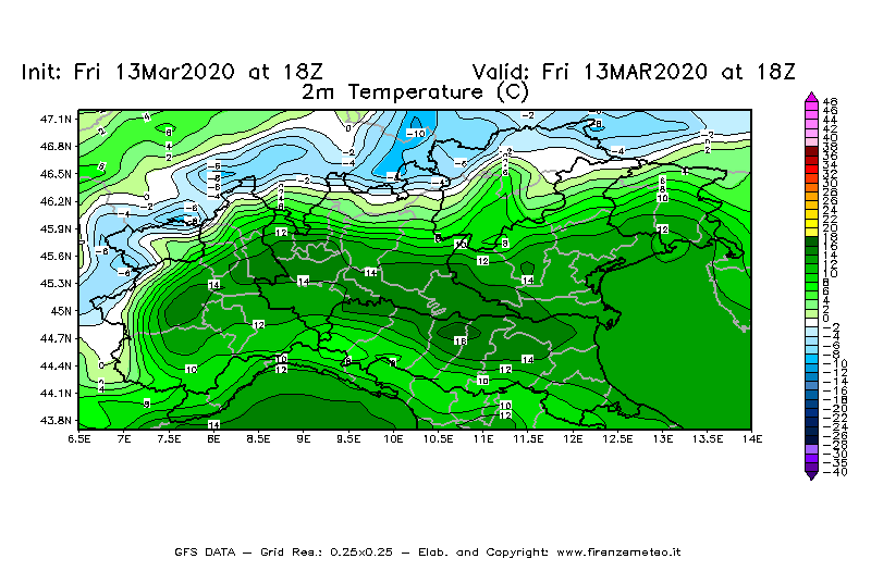 Mappa di analisi GFS - Temperatura a 2 metri dal suolo [°C] in Nord-Italia
							del 13/03/2020 18 <!--googleoff: index-->UTC<!--googleon: index-->