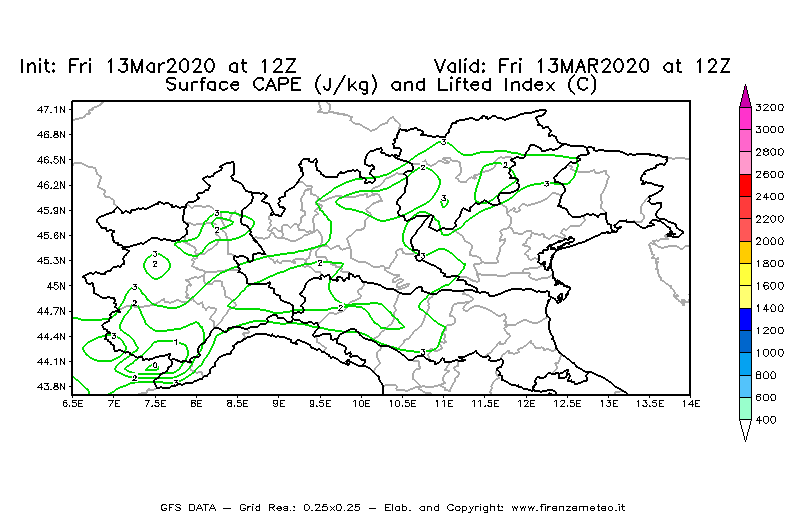 Mappa di analisi GFS - CAPE [J/kg] e Lifted Index [°C] in Nord-Italia
							del 13/03/2020 12 <!--googleoff: index-->UTC<!--googleon: index-->