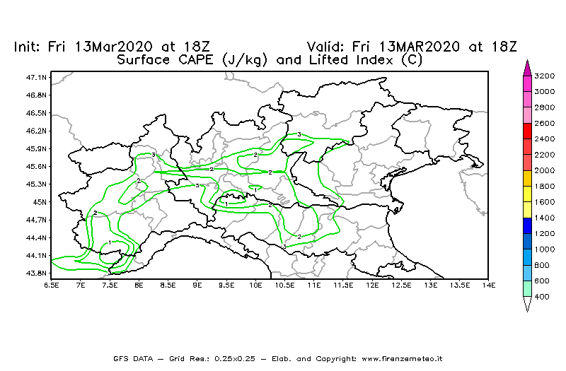 Mappa di analisi GFS - CAPE [J/kg] e Lifted Index [°C] in Nord-Italia
							del 13/03/2020 18 <!--googleoff: index-->UTC<!--googleon: index-->