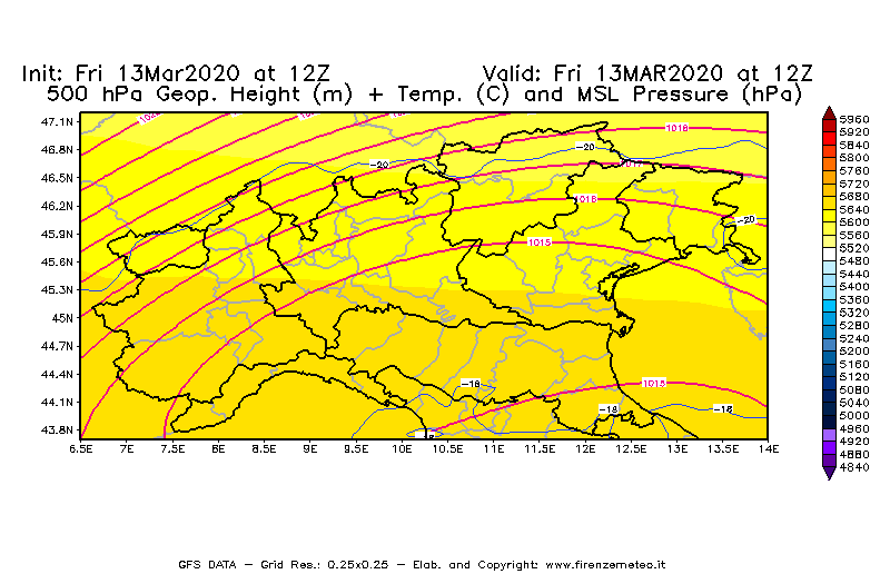 Mappa di analisi GFS - Geopotenziale [m] + Temp. [°C] a 500 hPa + Press. a livello del mare [hPa] in Nord-Italia
							del 13/03/2020 12 <!--googleoff: index-->UTC<!--googleon: index-->