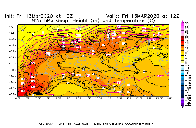 Mappa di analisi GFS - Geopotenziale [m] e Temperatura [°C] a 925 hPa in Nord-Italia
							del 13/03/2020 12 <!--googleoff: index-->UTC<!--googleon: index-->