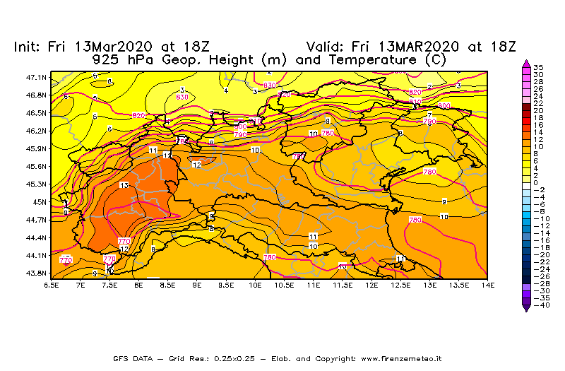 Mappa di analisi GFS - Geopotenziale [m] e Temperatura [°C] a 925 hPa in Nord-Italia
							del 13/03/2020 18 <!--googleoff: index-->UTC<!--googleon: index-->