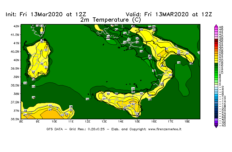 Mappa di analisi GFS - Temperatura a 2 metri dal suolo [°C] in Sud-Italia
							del 13/03/2020 12 <!--googleoff: index-->UTC<!--googleon: index-->