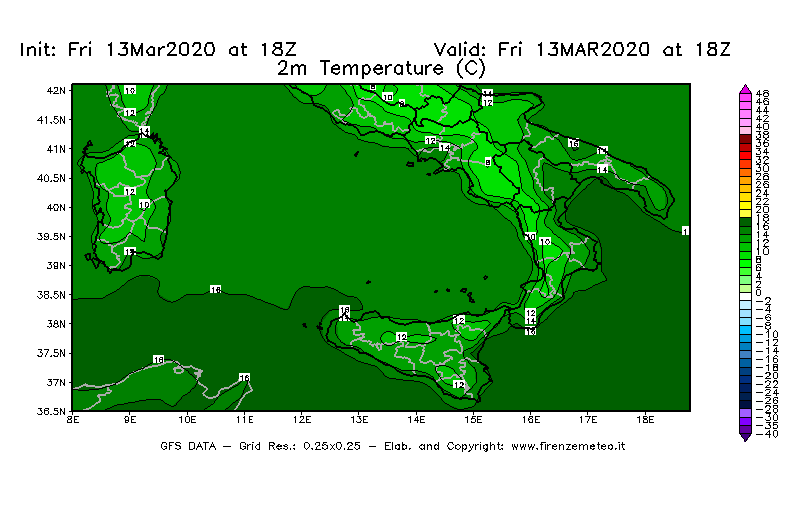 Mappa di analisi GFS - Temperatura a 2 metri dal suolo [°C] in Sud-Italia
							del 13/03/2020 18 <!--googleoff: index-->UTC<!--googleon: index-->