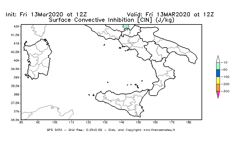 Mappa di analisi GFS - CIN [J/kg] in Sud-Italia
							del 13/03/2020 12 <!--googleoff: index-->UTC<!--googleon: index-->