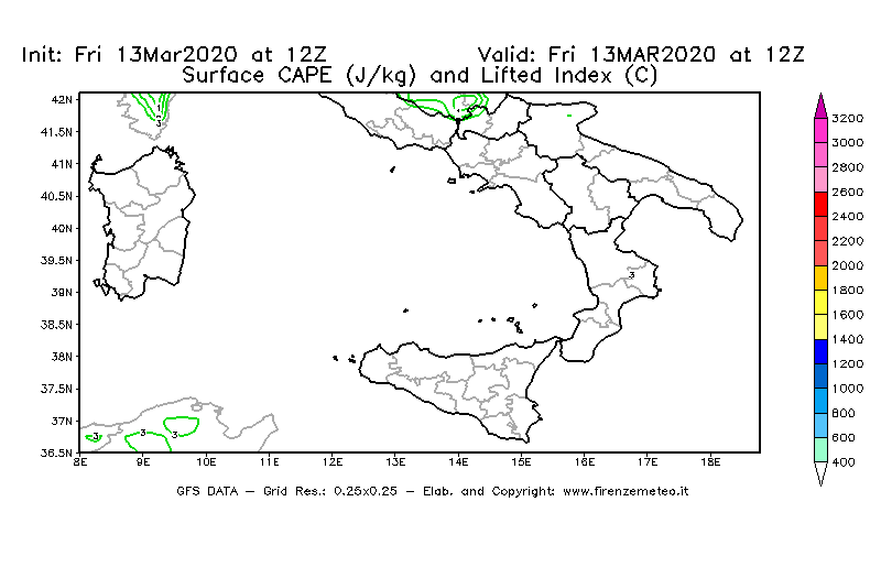 Mappa di analisi GFS - CAPE [J/kg] e Lifted Index [°C] in Sud-Italia
							del 13/03/2020 12 <!--googleoff: index-->UTC<!--googleon: index-->