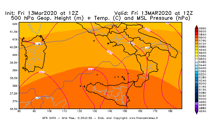 Mappa di analisi GFS - Geopotenziale [m] + Temp. [°C] a 500 hPa + Press. a livello del mare [hPa] in Sud-Italia
							del 13/03/2020 12 <!--googleoff: index-->UTC<!--googleon: index-->