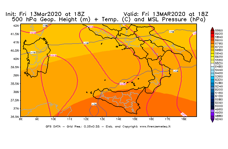 Mappa di analisi GFS - Geopotenziale [m] + Temp. [°C] a 500 hPa + Press. a livello del mare [hPa] in Sud-Italia
							del 13/03/2020 18 <!--googleoff: index-->UTC<!--googleon: index-->