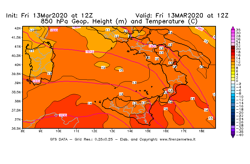 Mappa di analisi GFS - Geopotenziale [m] e Temperatura [°C] a 850 hPa in Sud-Italia
							del 13/03/2020 12 <!--googleoff: index-->UTC<!--googleon: index-->