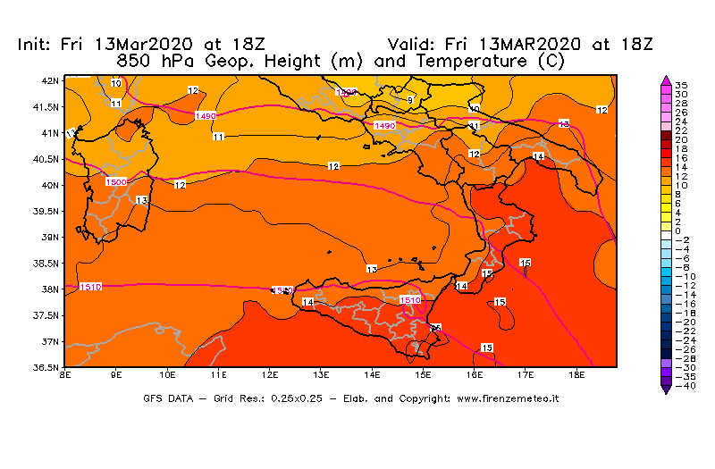 Mappa di analisi GFS - Geopotenziale [m] e Temperatura [°C] a 850 hPa in Sud-Italia
							del 13/03/2020 18 <!--googleoff: index-->UTC<!--googleon: index-->