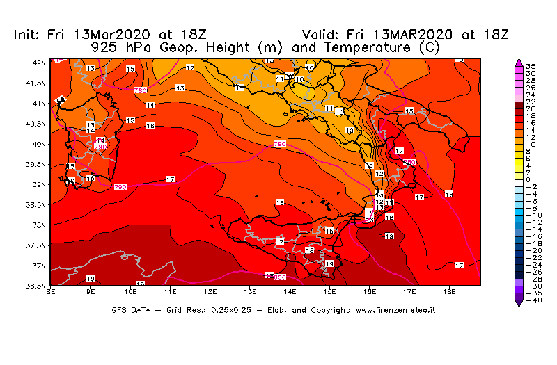 Mappa di analisi GFS - Geopotenziale [m] e Temperatura [°C] a 925 hPa in Sud-Italia
							del 13/03/2020 18 <!--googleoff: index-->UTC<!--googleon: index-->