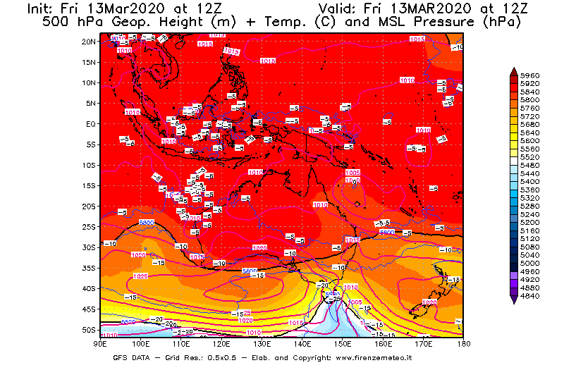 Mappa di analisi GFS - Geopotenziale [m] + Temp. [°C] a 500 hPa + Press. a livello del mare [hPa] in Oceania
							del 13/03/2020 12 <!--googleoff: index-->UTC<!--googleon: index-->