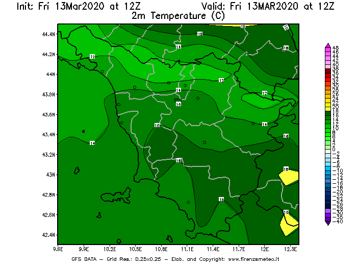 Mappa di analisi GFS - Temperatura a 2 metri dal suolo [°C] in Toscana
							del 13/03/2020 12 <!--googleoff: index-->UTC<!--googleon: index-->