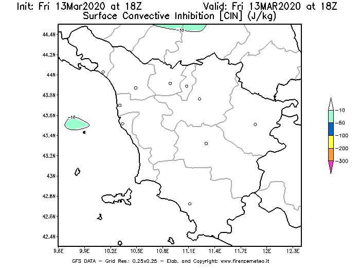 Mappa di analisi GFS - CIN [J/kg] in Toscana
							del 13/03/2020 18 <!--googleoff: index-->UTC<!--googleon: index-->