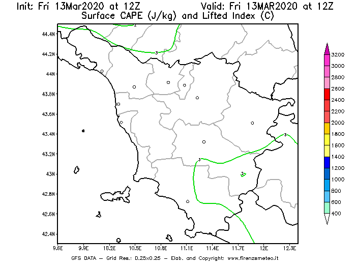 Mappa di analisi GFS - CAPE [J/kg] e Lifted Index [°C] in Toscana
							del 13/03/2020 12 <!--googleoff: index-->UTC<!--googleon: index-->