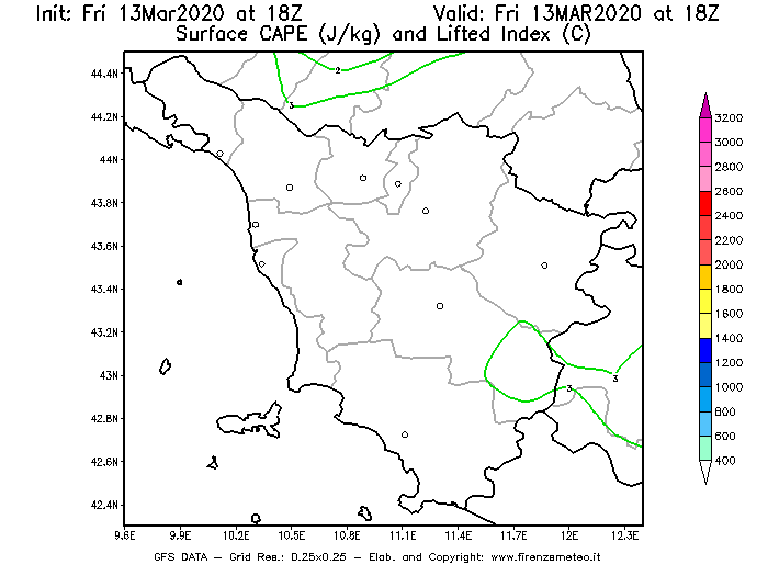 Mappa di analisi GFS - CAPE [J/kg] e Lifted Index [°C] in Toscana
							del 13/03/2020 18 <!--googleoff: index-->UTC<!--googleon: index-->