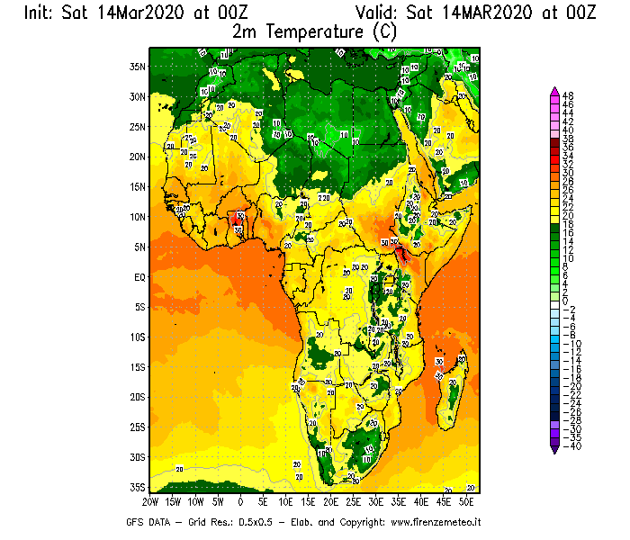 Mappa di analisi GFS - Temperatura a 2 metri dal suolo [°C] in Africa
							del 14/03/2020 00 <!--googleoff: index-->UTC<!--googleon: index-->