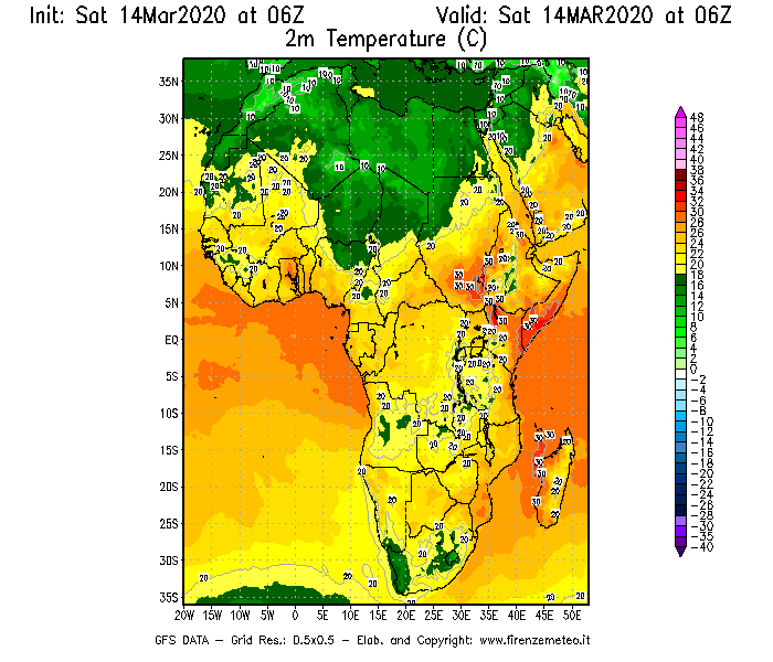 Mappa di analisi GFS - Temperatura a 2 metri dal suolo [°C] in Africa
							del 14/03/2020 06 <!--googleoff: index-->UTC<!--googleon: index-->