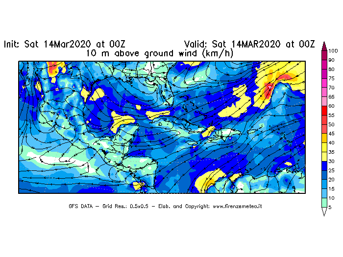 Mappa di analisi GFS - Velocità del vento a 10 metri dal suolo [km/h] in Centro-America
							del 14/03/2020 00 <!--googleoff: index-->UTC<!--googleon: index-->