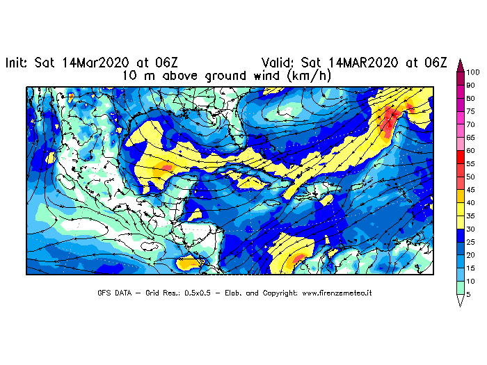 Mappa di analisi GFS - Velocità del vento a 10 metri dal suolo [km/h] in Centro-America
							del 14/03/2020 06 <!--googleoff: index-->UTC<!--googleon: index-->