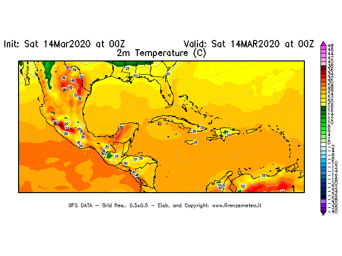 Mappa di analisi GFS - Temperatura a 2 metri dal suolo [°C] in Centro-America
							del 14/03/2020 00 <!--googleoff: index-->UTC<!--googleon: index-->