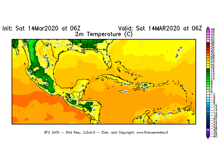 Mappa di analisi GFS - Temperatura a 2 metri dal suolo [°C] in Centro-America
							del 14/03/2020 06 <!--googleoff: index-->UTC<!--googleon: index-->