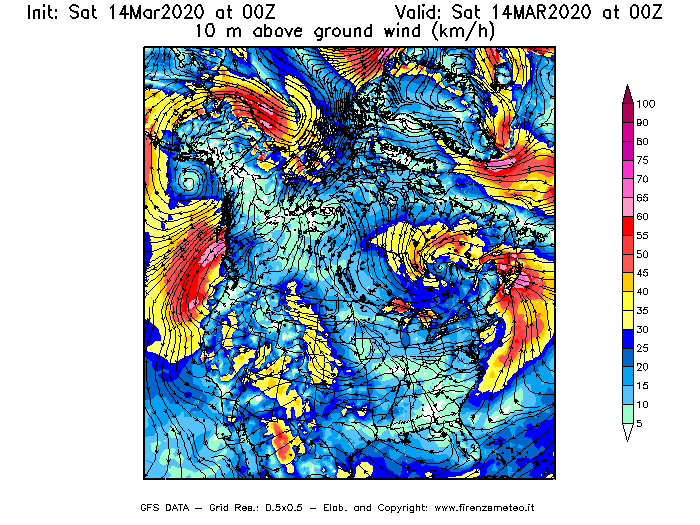 Mappa di analisi GFS - Velocità del vento a 10 metri dal suolo [km/h] in Nord-America
							del 14/03/2020 00 <!--googleoff: index-->UTC<!--googleon: index-->